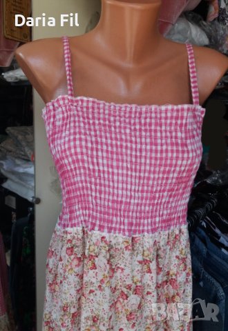 Дълга рокля на волани на цветя и в розово каре с тънки презрамки , снимка 2 - Рокли - 41116150