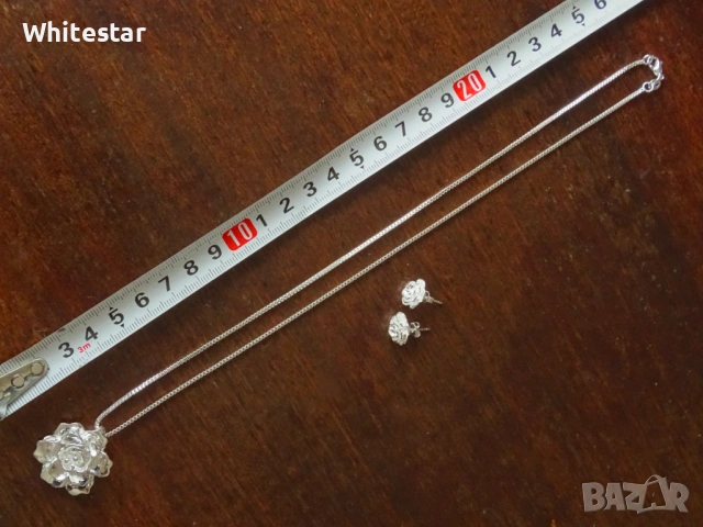 Дамски посребрен комплект - колие и обеци с мотив "Роза", снимка 4 - Колиета, медальони, синджири - 53623664