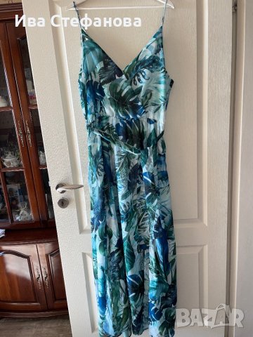 Разкошна с цепка дълга ефирна елегантна рокля екзотичен тропически тропик принт V образно деколте , снимка 8 - Рокли - 41687720