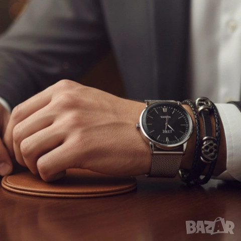 Мъжки комплект – кварцов часовник с метална верижка и стилна гривна в подаръчна кутия, снимка 5 - Бижутерийни комплекти - 51947406