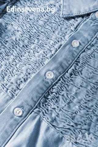 Дамска дънкова рокля в светлосиньо с копчета и къси ръкави с къдрички, снимка 9 - Рокли - 49608523