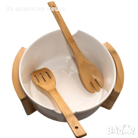 Керамична купа за сервиране с поставка от бамбук Код P1745, снимка 3 - Съдове за готвене - 52980479