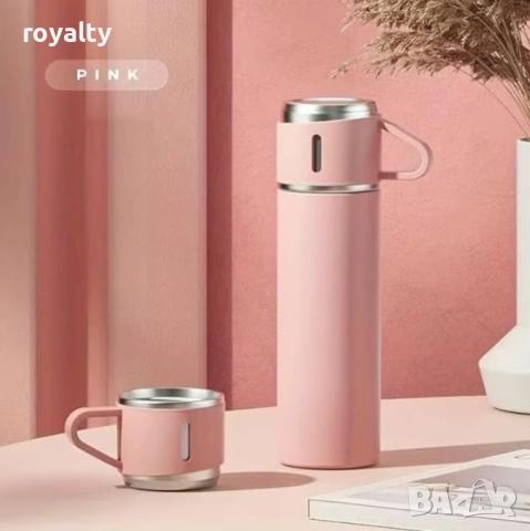 Подаръчен комплект термос с 3 чаши, зелен, розов, сив, снимка 14 - Други стоки за дома - 52651251