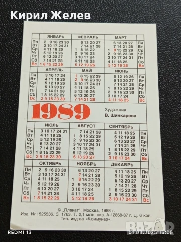 Старо календарче 1989г. Москва СССР За МИР и СОЦИАЛЕН ПРОГРЕС За КОЛЕКЦИЯ 35344, снимка 5 - Колекции - 51215601