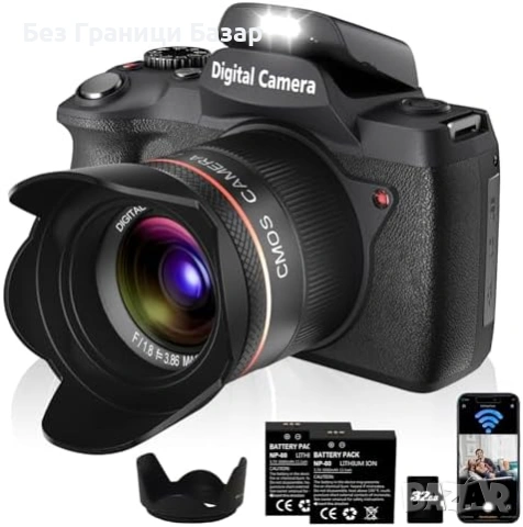 Нова 5K 64MP WiFi Дигитална Камера 4" Тъч Двойна Леща 18X Фотоапарат