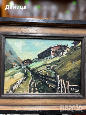Маслена картина върху фазер  Изобразяваща живописен планински пейзаж с  къщи, снимка 5 - Картини - 52150317