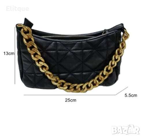 Стилна черна ватирана чанта със златиста дръжка тип едър синджир, снимка 2 - Чанти - 52895551