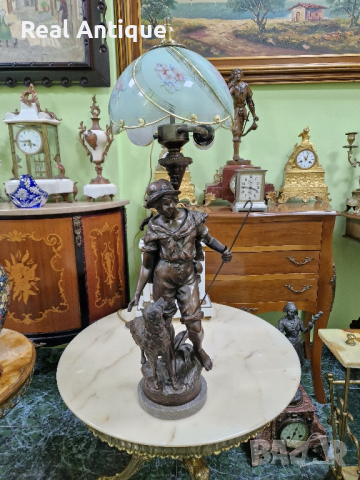 Прекрасна голяма антикварна френска бронзова фигурална лампа , снимка 5 - Настолни лампи - 44632216