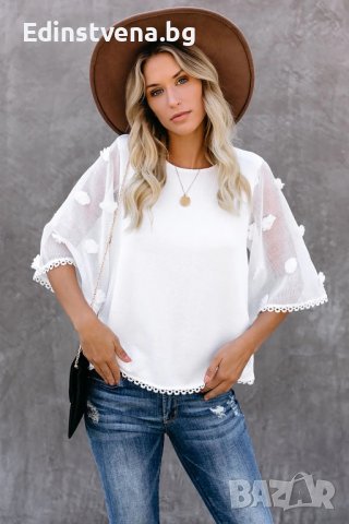 Дамска блуза с ефектни къси ръкави в бяло, снимка 1 - Корсети, бюстиета, топове - 39993973