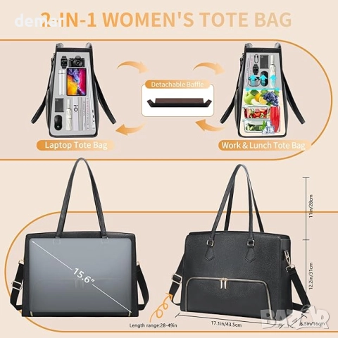 Чанта за обяд Jetviivid с отделение за лаптоп за жени, работна чанта от PU кожа с презрамка, черна, снимка 3 - Чанти - 51734553