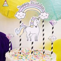 Еднорог Unicorn Happy Birthday с дъга облак звезди топери топер сламки декор за торта , снимка 2 - Други - 44424239