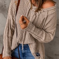 Дамски накъсан пуловер в бежово, с качулка и връзки, снимка 5 - Блузи с дълъг ръкав и пуловери - 44321117