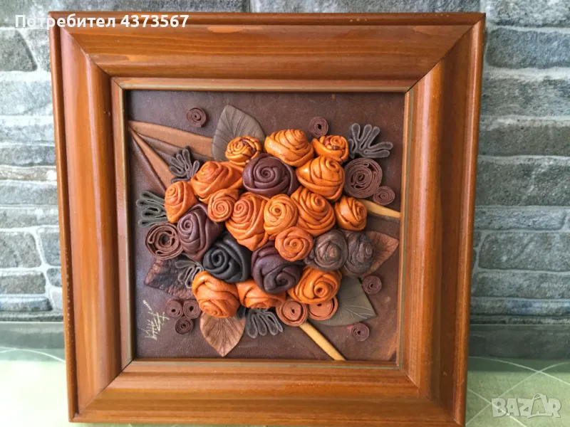 Картина „Цветя“, художник Огнян Андреев,техника: кожа и акрил, снимка 1