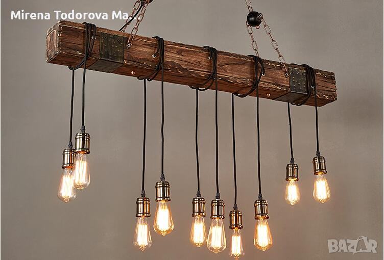 Дървена винтидж лампа полилей 6 глави Индустриални висящи тела Ретро, снимка 1