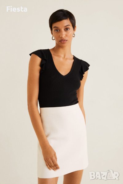 Mango нова черна рипсена блуза с къси набрани ръкави, снимка 1