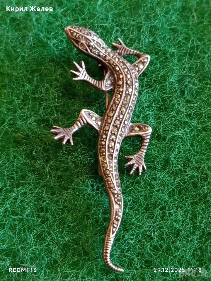 Артистчна сребърна брошка с Маркезит във формата на гущер/саламандър 49738, снимка 1