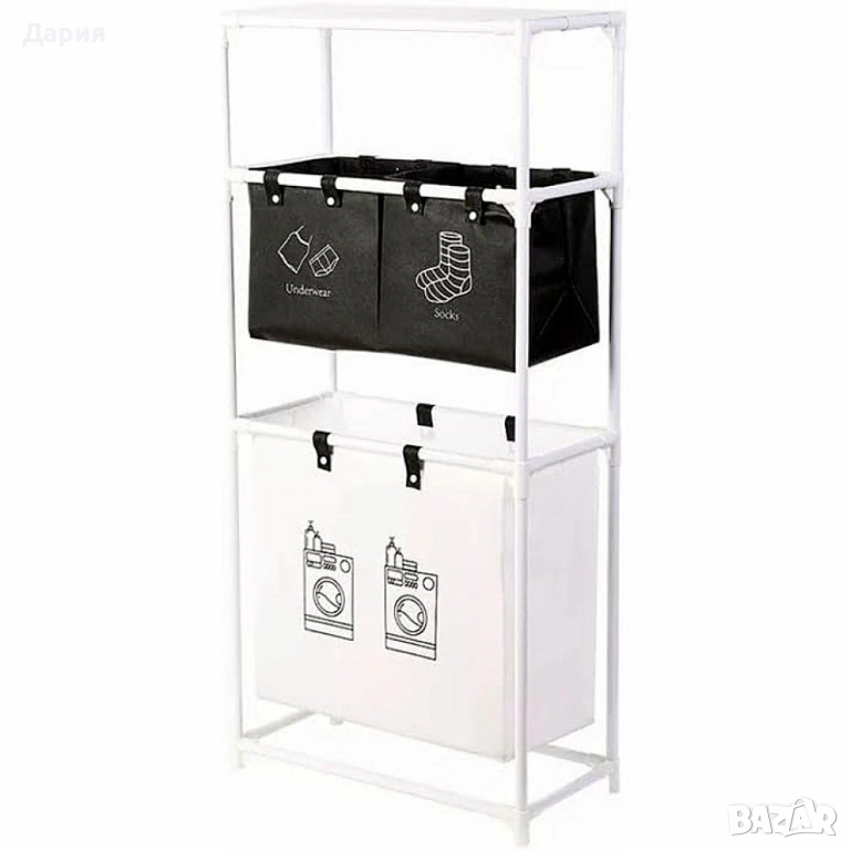 Мултифункционален органазйер за мръсни дрехи с 3 кошници и 3 рафта, снимка 1