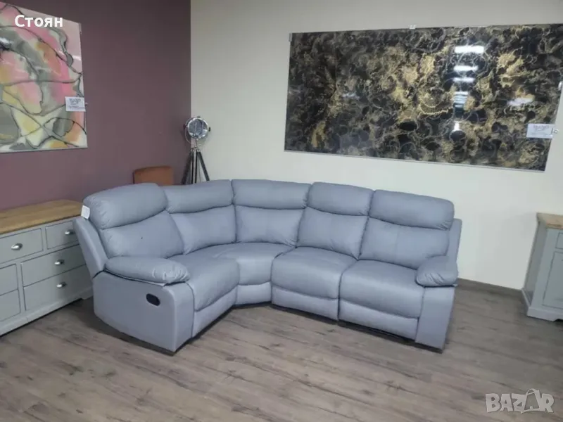 Сив кожен ъглов диван с релаксиращ механизъм от изкуствена кожа, снимка 1