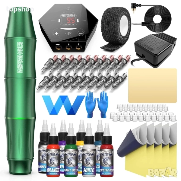 НОВ комплект за татуировки Wormhole Tattoo WTK106, ротационна със захранване, 15 игли, 8 мастила..., снимка 1