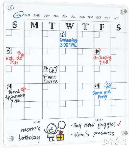 MAKELLO Магнитен акрилен стенен месечен планер, включва 2 химикалки, държач за химикалки, магнити, снимка 1