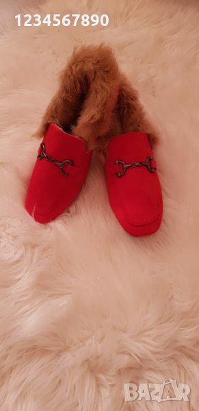 Червени мокасини с пух, снимка 1