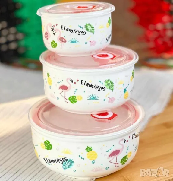 Комплект от 3 порцеланови купи за съхранение на храна с вакуумни силиконови капаци.  , снимка 1