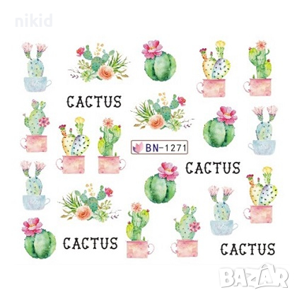 лист 12 в 1 вида кактус кактуси слайдер татос ваденки водни стикери за нокти маникюр, снимка 3 - Продукти за маникюр - 36227084