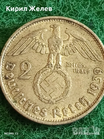 Сребърна монета 2 райхсмарки 1939г. Германия Трети Райх с Свастика за КОЛЕКЦИОНЕРИ 34839