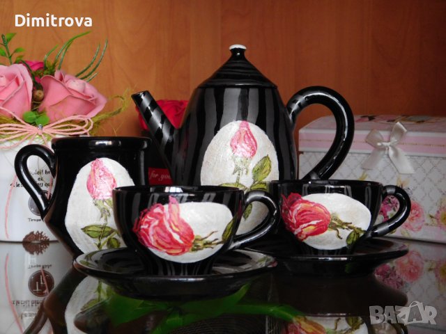 Ръчно рисуван керамичен комплект за кафе., снимка 10 - Сервизи - 42263082