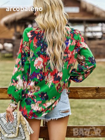 Дамска блуза с флорален принт и V-образно деколте, 4цвята - 023, снимка 4 - Блузи с дълъг ръкав и пуловери - 42038517