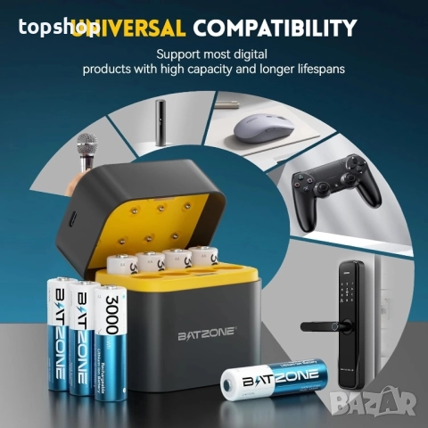 НОВИ акумулаторни AA батерии, 8 броя, бързо зарядно устройство, 1.5V 3000mWh, 1600 пъти зареждане...