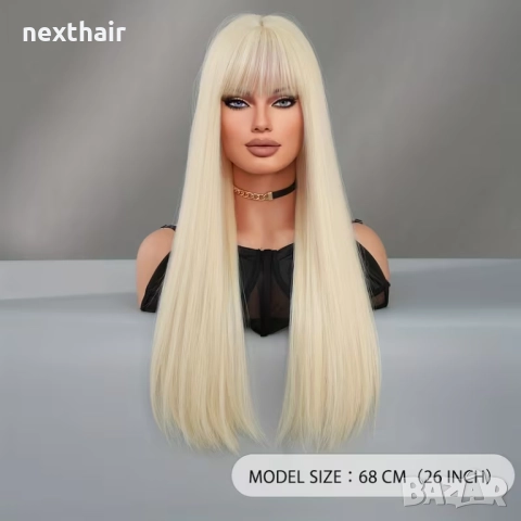 Светло руса права синтетична перука с бретон – 65–70 см, снимка 4 - Аксесоари за коса - 52751551