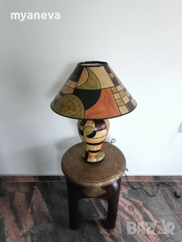 Vintage, настолна лампа с абстрактен  арт дизайн в топли цветове.  , снимка 12 - Настолни лампи - 51877417