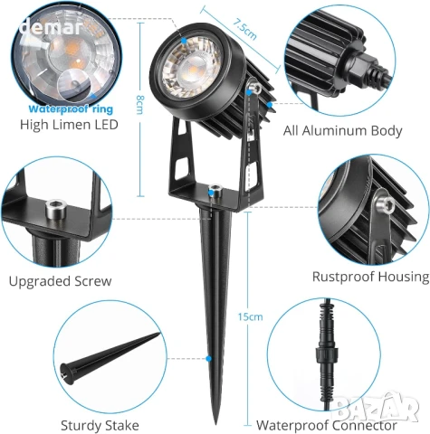 LightingWill Комплект 6 броя градински LED прожектори с таймер и фотоклетка, 3W 3000K, IP65, снимка 6 - Лед осветление - 51258568