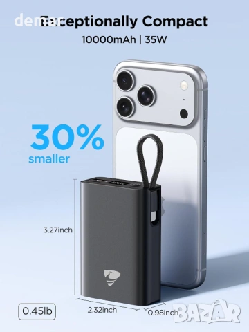 Външна батерия Aioneus 35W, преносимо зарядно устройство с вграден USB-C кабел, PD&QC, снимка 4 - Външни батерии - 53656792