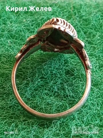 Винтидж сребърен пръстен богато орнаментиран с флорален мотив камък АХАТ ювелирна изработка 52660, снимка 7 - Пръстени - 52934771