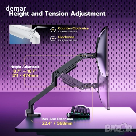 ARES WING Единично рамо за монитор от 17" до 49", черно, до 20 кг, снимка 5 - Монитори - 51687232