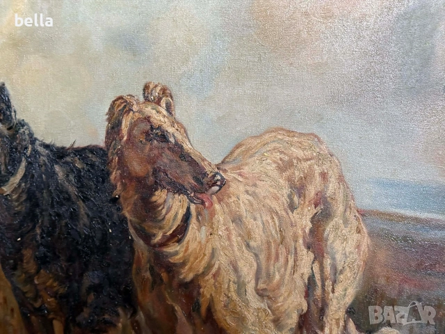 Старинно маслено платно "Руски борзои" – Музеен размер (140х110 см), снимка 12 - Антикварни и старинни предмети - 53863532