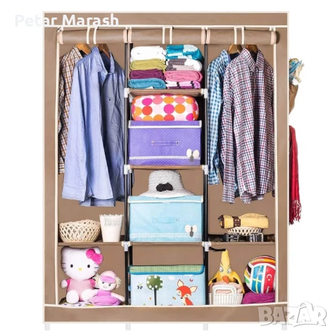 Трикрилен текстилен гардероб с 8 рафта и лост за дрехи, снимка 6 - Гардероби - 50653249