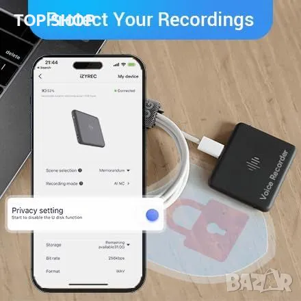 Нов Гласов Рекордер с Приложение 64GB, 30h Батерия Диктофон запис, снимка 5 - Друга електроника - 49427486