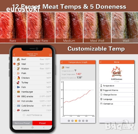 Безжичен термометър за месо BFOUR BF-5, цифров Bluetooth термометър за фурна, грил, барбекю, снимка 2 - Барбекюта - 52148403