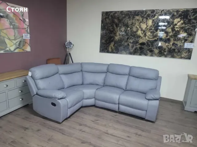 Сив кожен ъглов диван с релаксиращ механизъм от изкуствена кожа