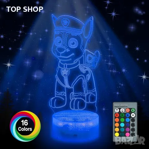 3D LED Paw Patrol илюзионна лампа, 3 плаки, 16 променящи се цвята, снимка 2 - Настолни лампи - 49146200