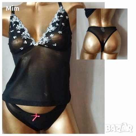 М/ L Черен еластичен, прозрачен топ с бяла бродерия и полупрашка 