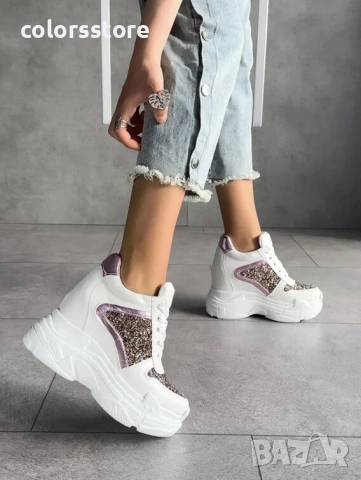 Кецове на платформа - бяла кожа с розов брокат - PA950 