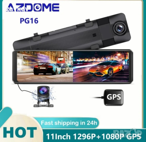 AZDOME PG16 Огледало за кола DVR GPS 1296P Двойни камери 11-инчов сензорен екран