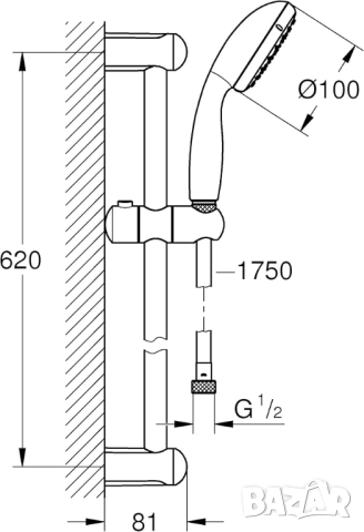 GROHE Душ Комплект Tempesta 100, 27598001 + Wall Bar Set (Релса, Слушалка, Държач)!, снимка 3 - Душове - 52654797