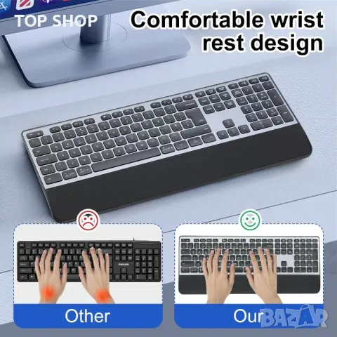 CITLLA K9100 Безжична Bluetooth клавиатура, Пълноразмерна с опора за китката, 3-степенна подсветка, снимка 5 - Клавиатури и мишки - 49965440