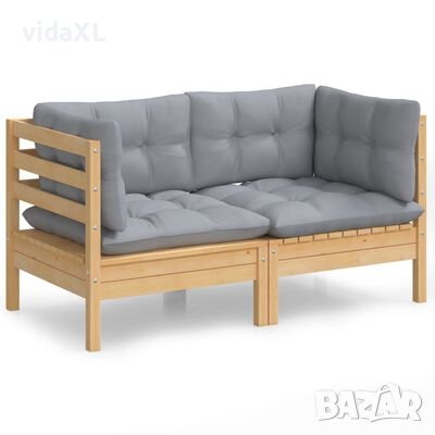 vidaXL 2-местен градински диван със сиви възглавници, бор масив, снимка 1