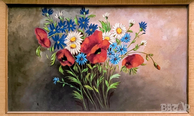 Оригинална маслена картина с цветя – подписана, Гърция, XX век, снимка 6 - Картини - 51236326